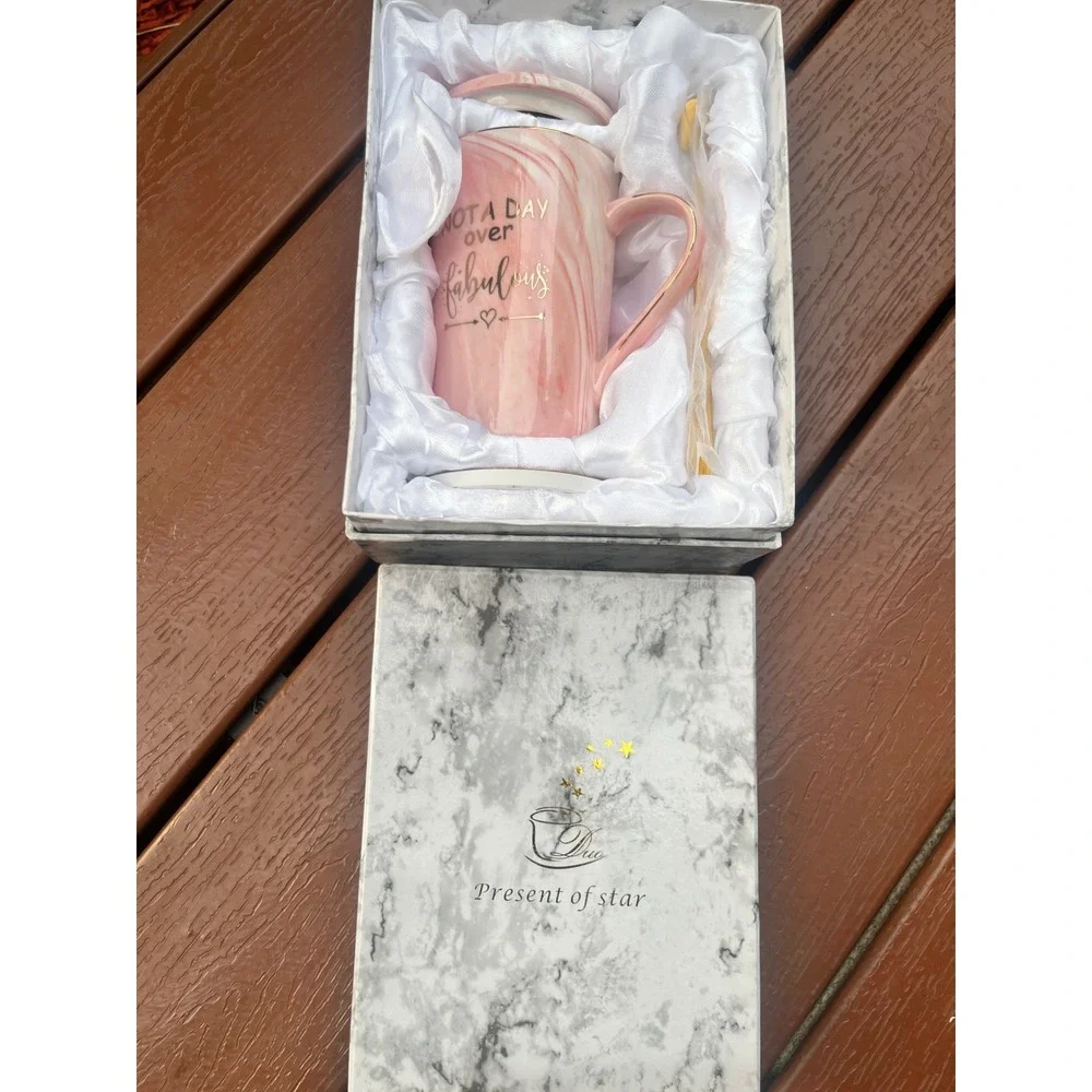 Pink Marble Ceramic Coffee Mug Set Not A Day Over Fabulous Gift Box Lid Spoon